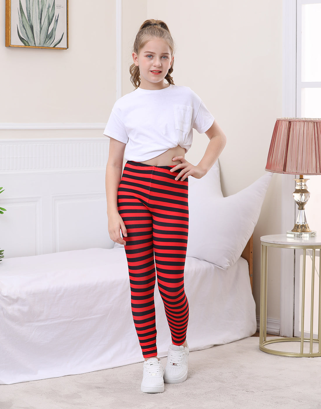 Girl's Red and Black Stripes Ultra Soft Leggings Secondary image