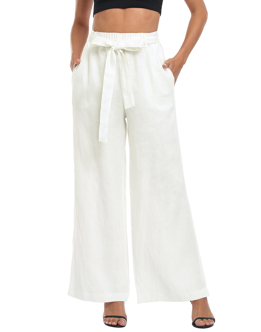 Linen Wide Leg Palazzo Pants with Pockets in White