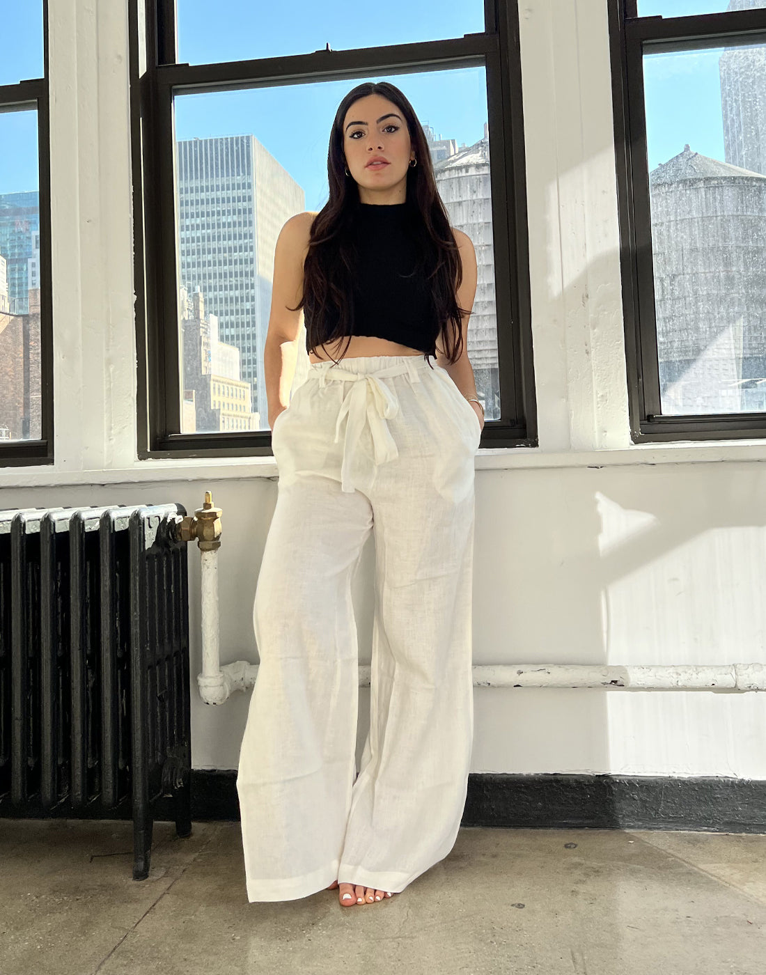 Linen Wide Leg Palazzo Pants with Pockets – back view