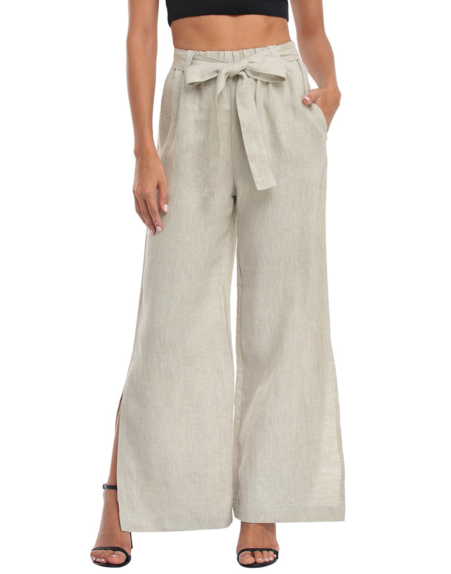 Linen Wide Leg Palazzo Pants with Pockets in Taupe Sand