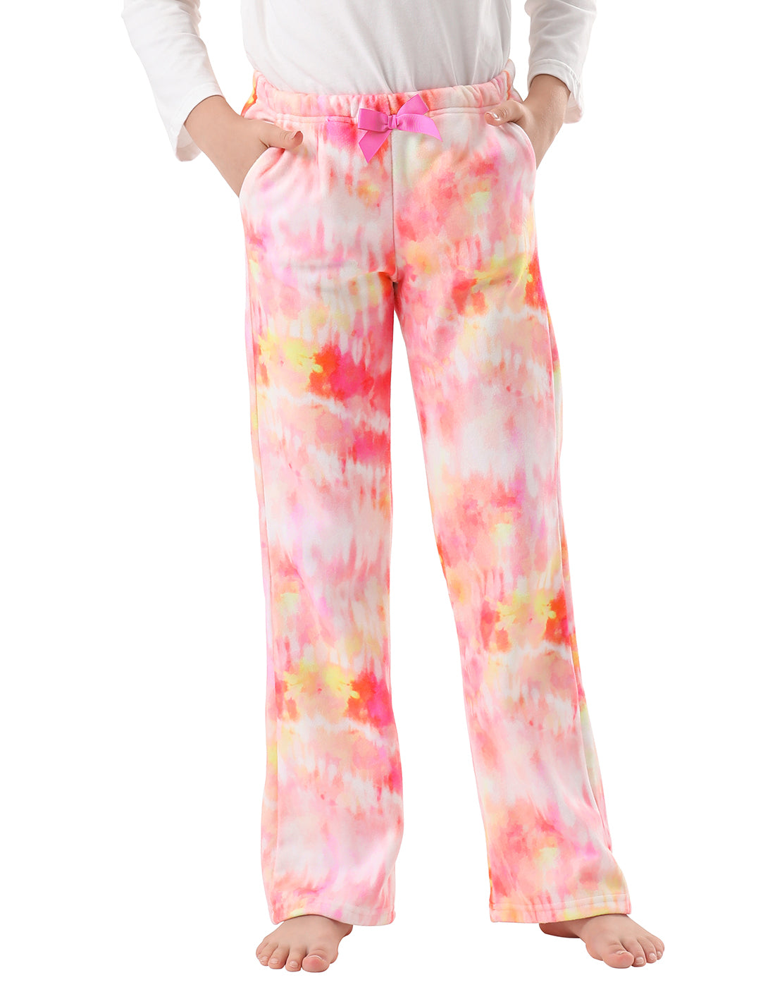 Girl's Fleece Pajama Pants with Pockets Fuzzy in Pink & Orange Tie Dye