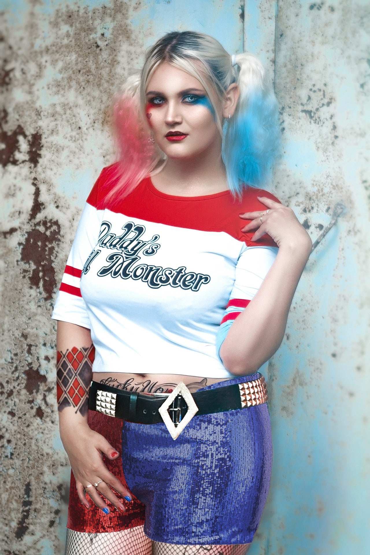 Plus Size Red Blue Sequin Shorts for Harley Misfit Halloween Costume Secondary image