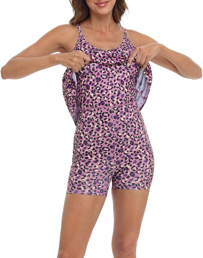 Purple Leopard Workout Dress Built In Shorts – close-up detail