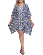 Navy Damask Plus Size UPF 30+ Short Kaftan Cover Up Oversize Dress