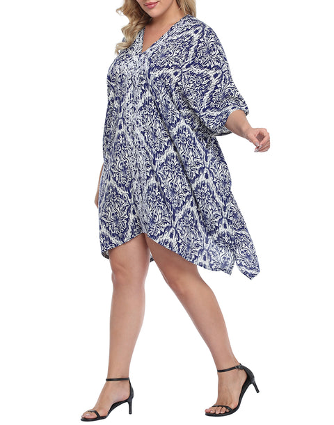 Navy Damask Plus Size UPF 30+ Short Kaftan Cover Up Oversize Dress
