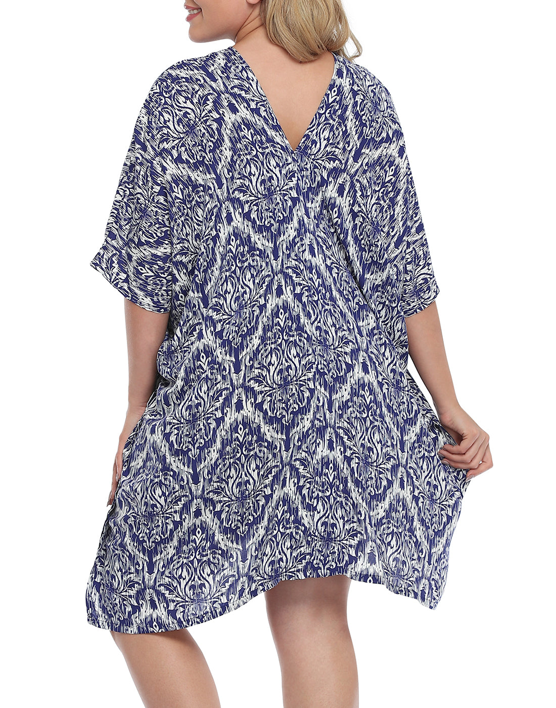 Navy Damask Plus Size UPF 30+ Short Kaftan Cover Up Oversize Dress