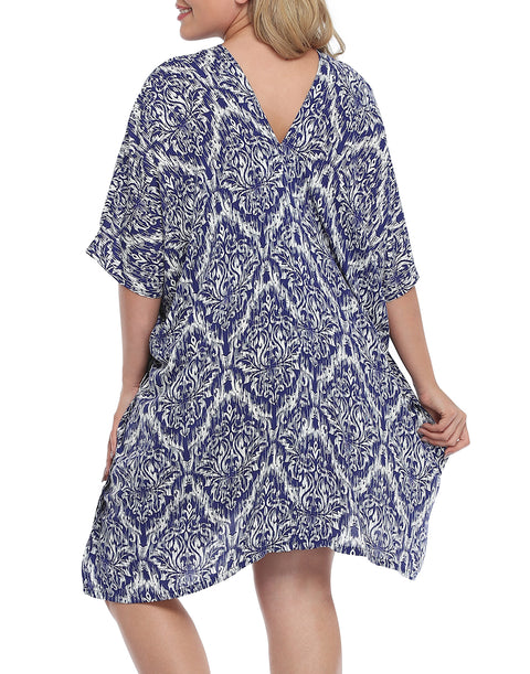 Navy Damask Plus Size UPF 30+ Short Kaftan Cover Up Oversize Dress