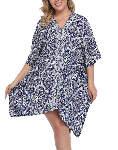 Navy Damask Plus Size UPF 30+ Short Kaftan Cover Up Oversize Dress
