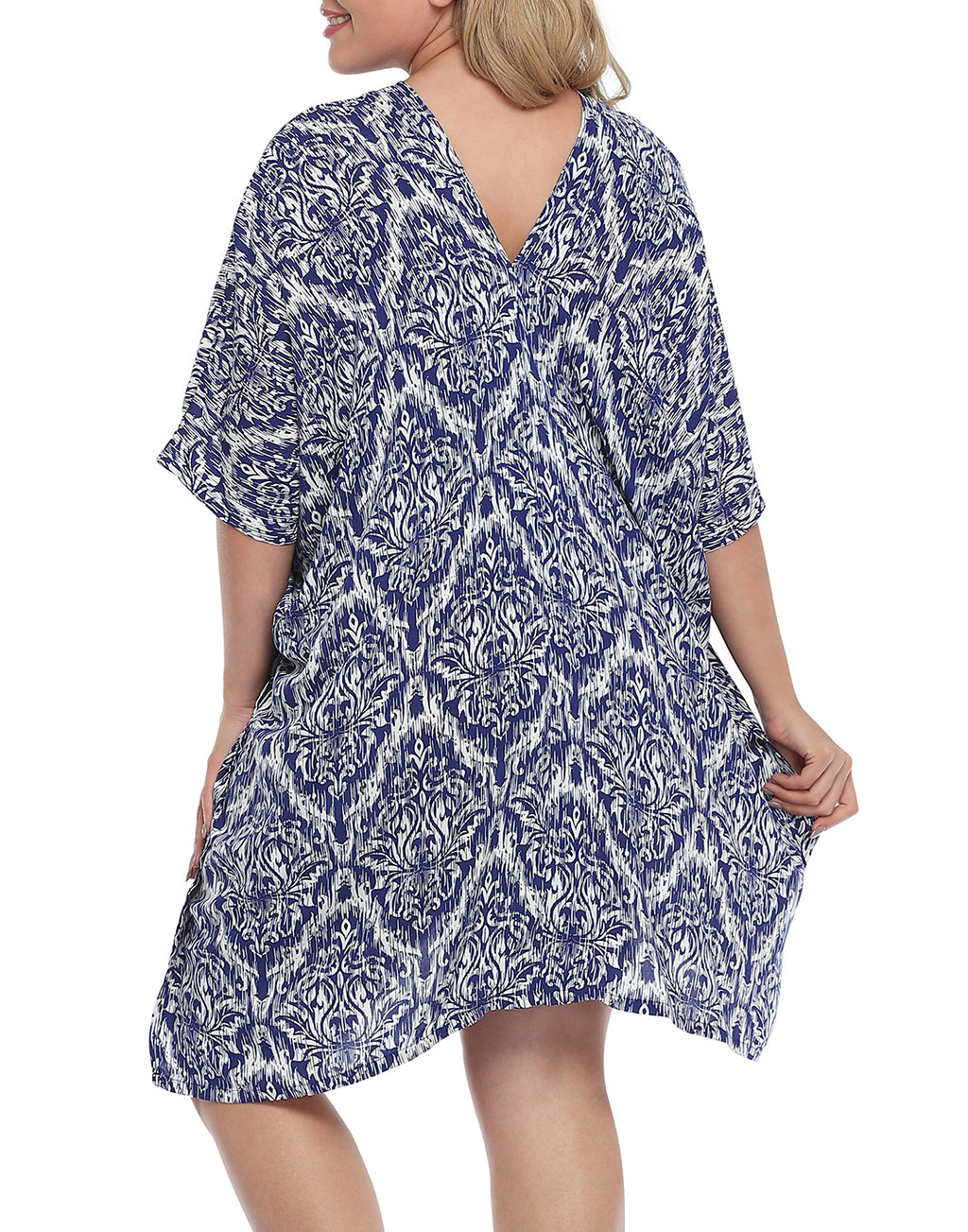 Navy Damask Plus Size UPF 30+ Short Kaftan Cover Up Oversize Dress