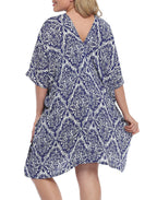 Navy Damask Plus Size UPF 30+ Short Kaftan Cover Up Oversize Dress