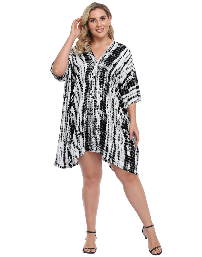 Black Tie Dye Kaftan Cover Up Plus UPF 30 – close-up detail