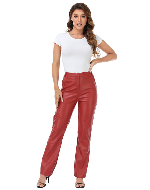 Faux Leather Pants Straight Leg Trousers with Pockets