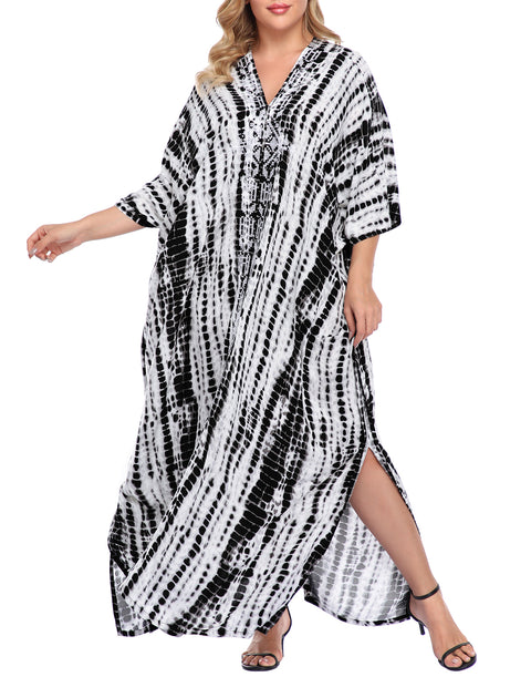 Black Tie Dye UPF 30+ Long Kaftan Cover Up Oversize Dress