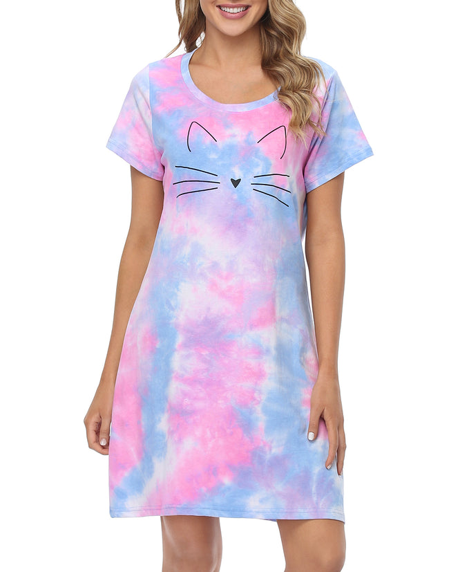 Cute Cat Short Sleeve Sleep Dress Women's in Tie Dye