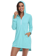 Blue Beach Coverup Long Sleeve Swim Dress with Hood