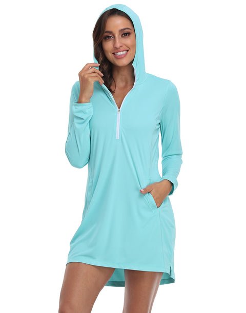 Blue Beach Coverup Long Sleeve Swim Dress with Hood