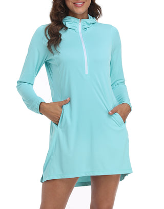 Blue Hooded Beach Cover Up Long Sleeve Swim in Blue