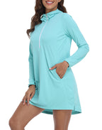Blue Beach Coverup Long Sleeve Swim Dress with Hood
