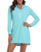 Blue Beach Coverup Long Sleeve Swim Dress with Hood