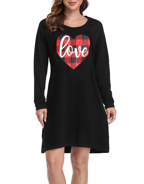 Buffalo Plaid Heart Long Sleeve Sleepwear Cotton Nightgown Sleepshirt