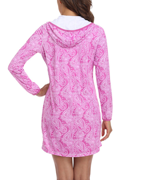 Pink Paisley Beach Coverup Long Sleeve Swim Dress with Hood