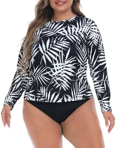 Tropical Black Plus Size Long Sleeve Rash Guard for Women