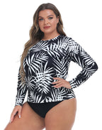 Tropical Black Plus Size Long Sleeve Rash Guard for Women