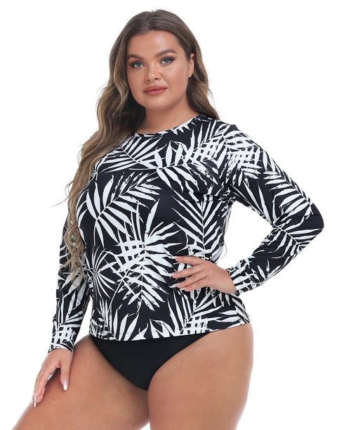Tropical Black Plus Size Long Sleeve Rash Guard for Women