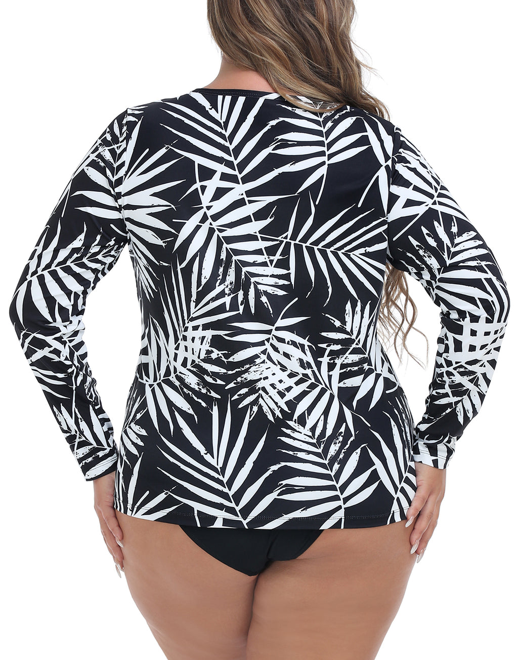 Tropical Black Plus Size Long Sleeve Rash Guard for Women