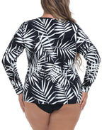 Tropical Black Plus Size Long Sleeve Rash Guard for Women
