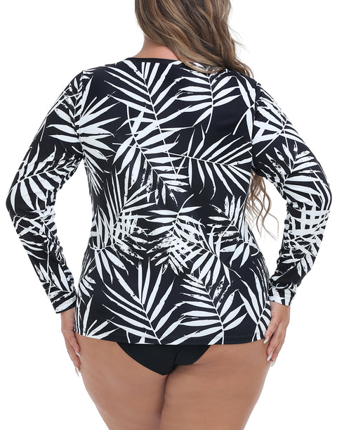 Tropical Black Plus Size Long Sleeve Rash Guard for Women