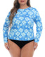 Blue Hibiscus Plus Size Long Sleeve Rash Guard for Women