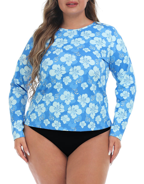 Blue Hibiscus Plus Size Long Sleeve Rash Guard for Women
