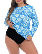 Blue Hibiscus Plus Size Long Sleeve Rash Guard for Women