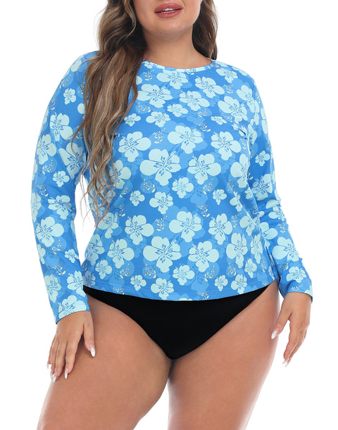 Blue Hibiscus Plus Size Long Sleeve Rash Guard for Women