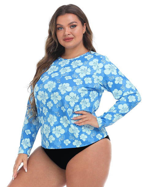 Blue Hibiscus Plus Size Long Sleeve Rash Guard for Women