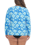 Blue Hibiscus Plus Size Long Sleeve Rash Guard for Women