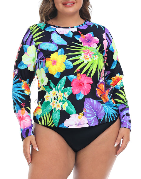 Retro Paradise Plus Size Long Sleeve Rash Guard for Women