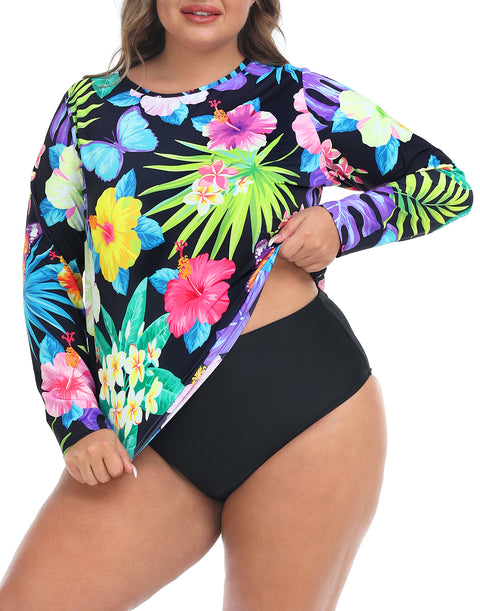 Retro Paradise Plus Size Long Sleeve Rash Guard for Women