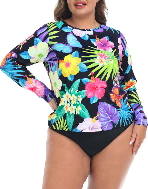 Retro Paradise Plus Size Long Sleeve Rash Guard for Women