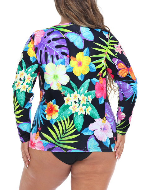 Retro Paradise Plus Size Long Sleeve Rash Guard for Women