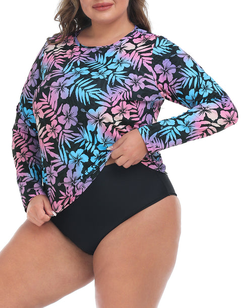 Hawaiian Black Plus Size Long Sleeve Rash Guard for Women
