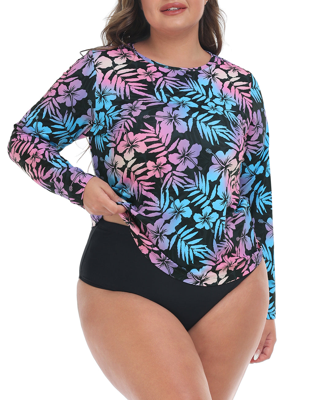 Hawaiian Black Plus Size Long Sleeve Rash Guard for Women