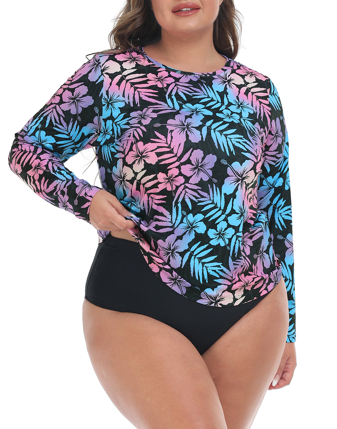 Hawaiian Black Plus Size Long Sleeve Rash Guard for Women