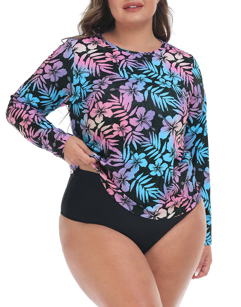 Hawaiian Black Plus Size Long Sleeve Rash Guard for Women