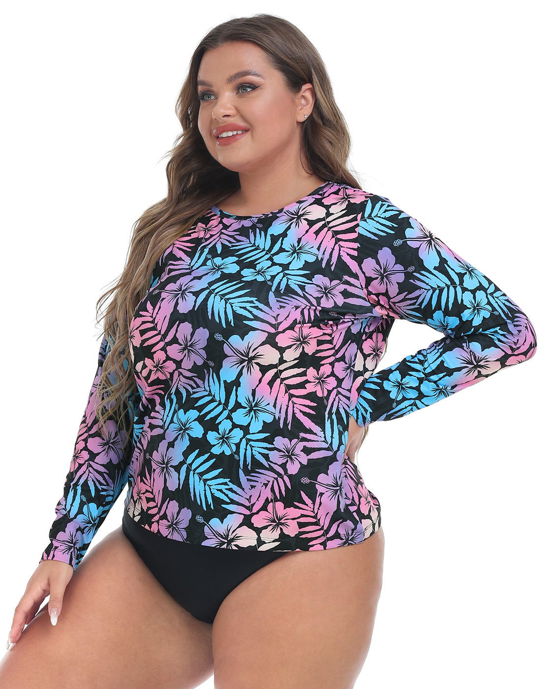 Hawaiian Black Plus Size Long Sleeve Rash Guard for Women