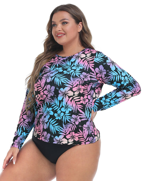 Hawaiian Black Plus Size Long Sleeve Rash Guard for Women