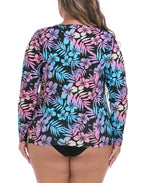 Hawaiian Black Plus Size Long Sleeve Rash Guard for Women