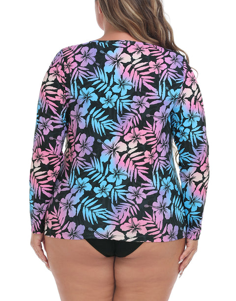 Hawaiian Black Plus Size Long Sleeve Rash Guard for Women