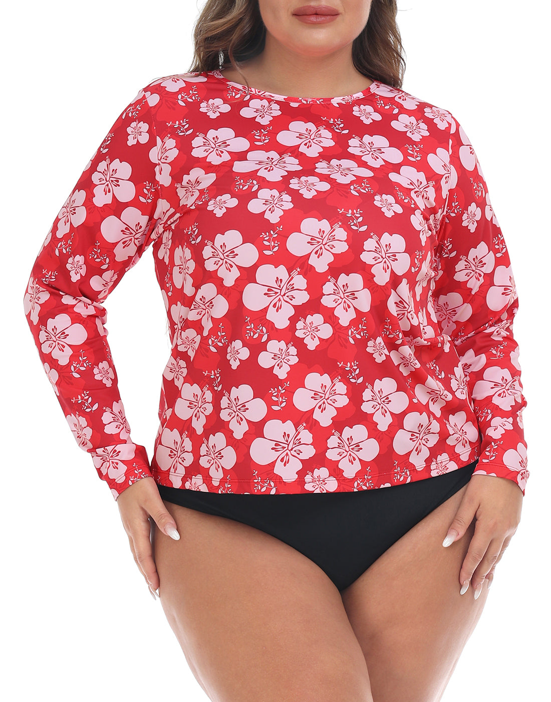 Red Hibiscus Plus Size Long Sleeve Rash Guard for Women Main image